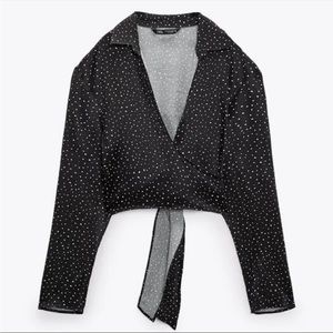 ZARA Black‎ White Polka Dot Satin Tie Front Blouse Bloggers Fav Small NWT